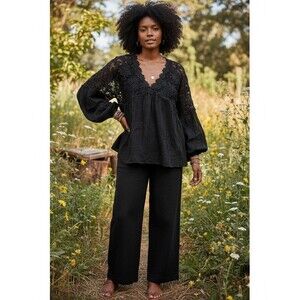 WOMENS FREE PEOPLE GREY BLACK LACE BLOUSE TOP M